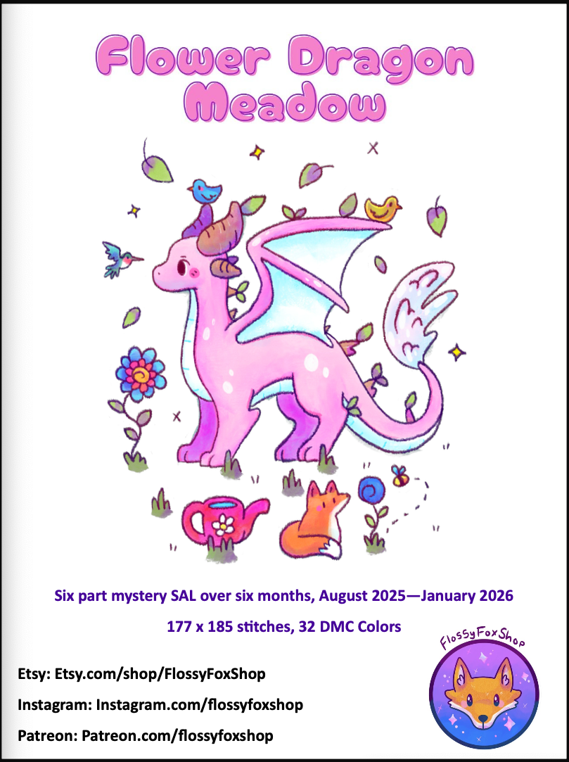 "The Flower Dragon Meadow Stitch-Along" set of Drills and Blank Canvas | Ready To Ship