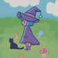 Cross-stitched design of a witch in a purple outfit with a blue hat, standing in a grassy field with mushrooms and a cat.