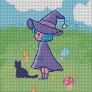 Cross-stitched design of a witch in a purple outfit with a blue hat, standing in a grassy field with mushrooms and a cat.