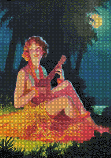 "Girl In Moonlight With Banjo Ukulele" Artist: Edward Mason Eggleston | JadedGemShop Diamond Painting Kit